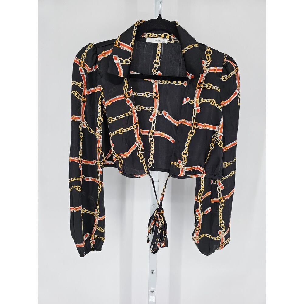 Timing Womens Sz S long-sleeve blouse black and gold chain print and a tie-front